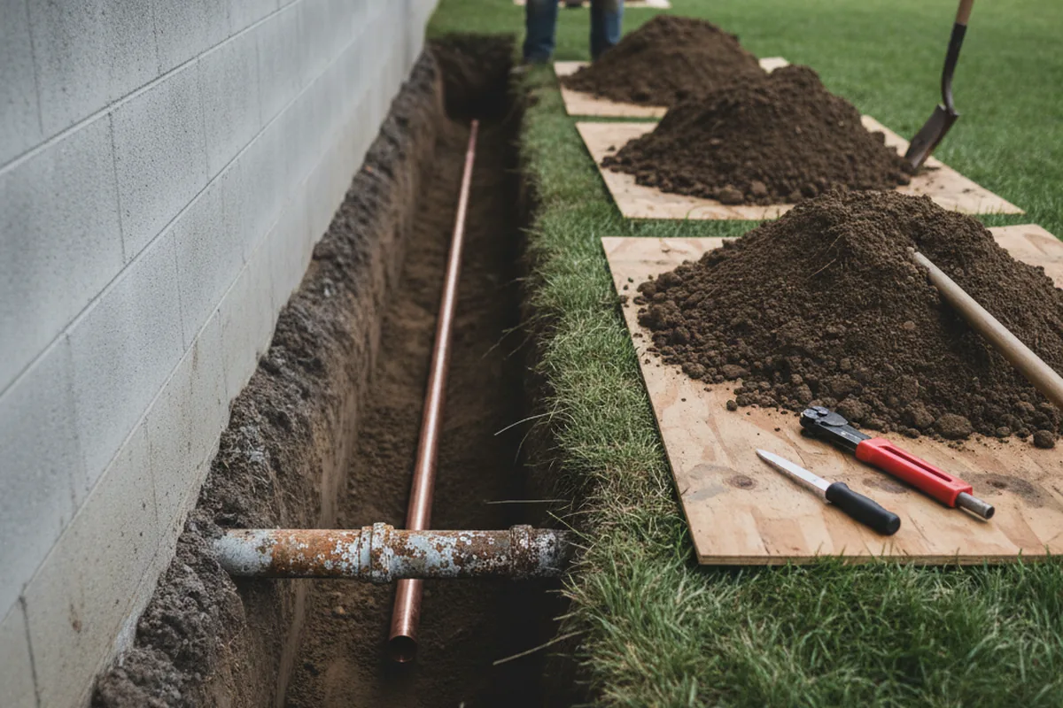 Excavated water line trench during Sewer Line Repair in El Paso